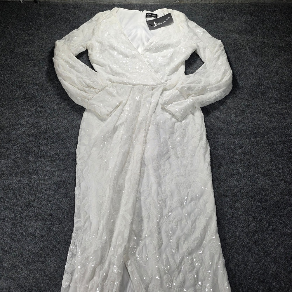Miss Ord Sequin Maxi Dress White Floral Wrap VNeck Long Sleeve Formal Gown L NEW